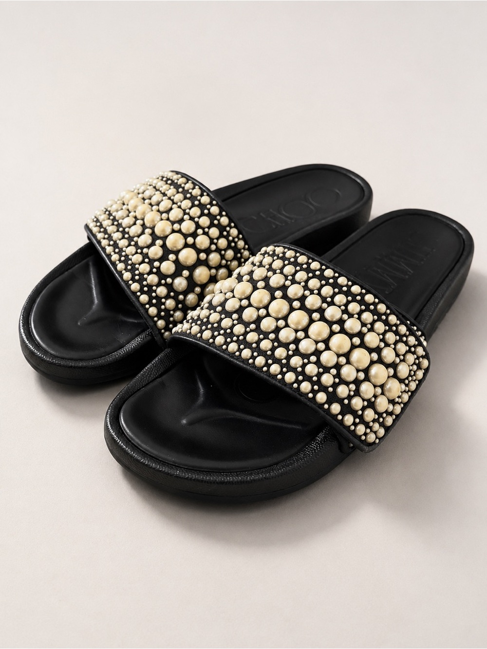 Jimmy Choo Black Leather Slides with Ivory Pearl Embellishment size 39